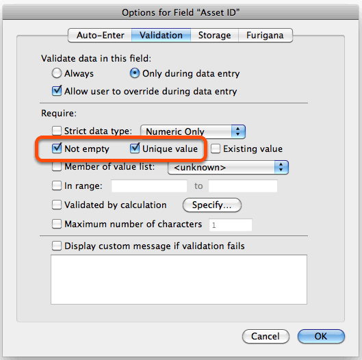 FileMaker Field Validation Options